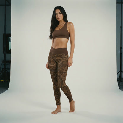 ASCEND PAISLEY BROWN CROSS OVER WISTBAND  LEGGINGS WITH POCKETS (ECO & SPF 50+)