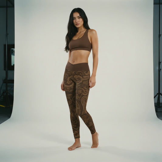 ASCEND PAISLEY BROWN CROSS OVER WISTBAND  LEGGINGS WITH POCKETS (ECO & SPF 50+)